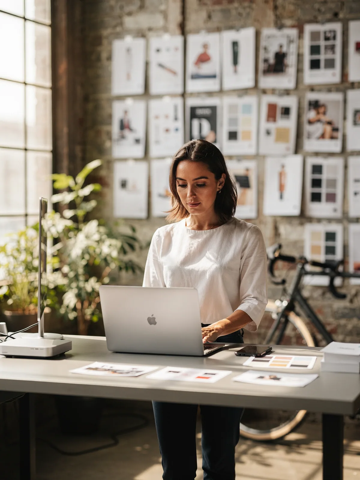 A marketing lead at a standing desk with a campaign on the monitor