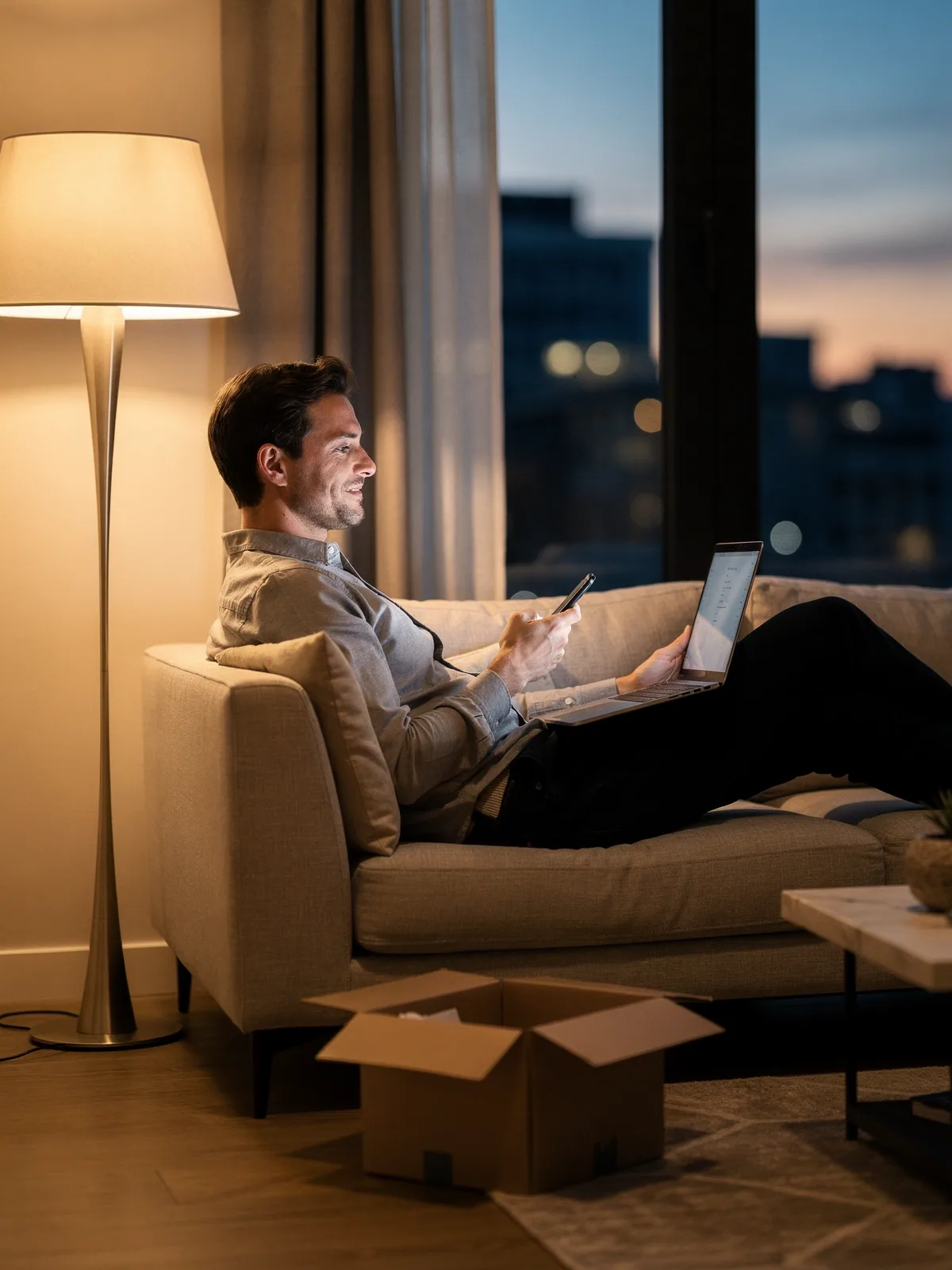 A customer on a sofa confirming an online purchase on his phone