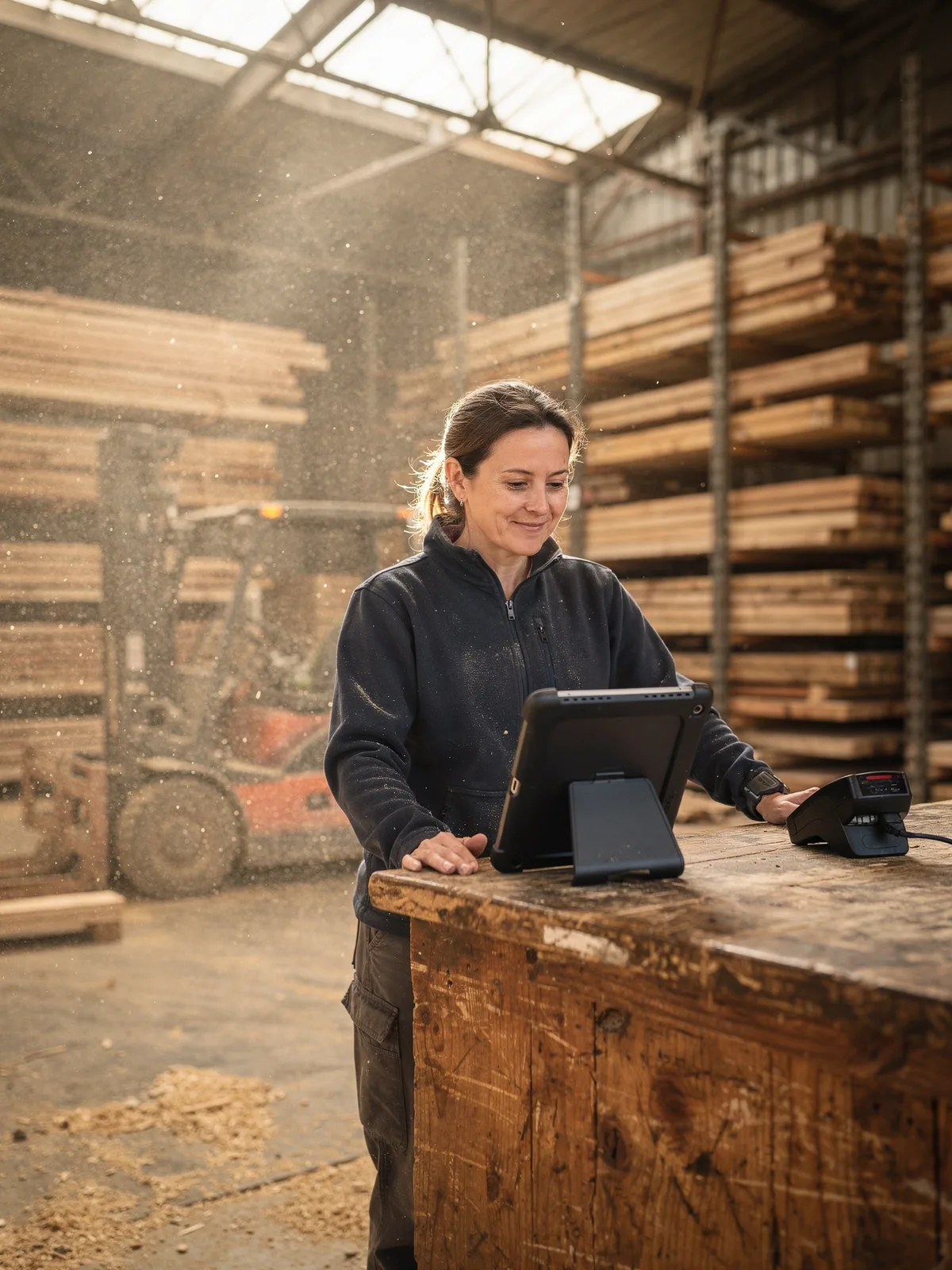 A timber merchant at her trade counter with the iPad point of sale