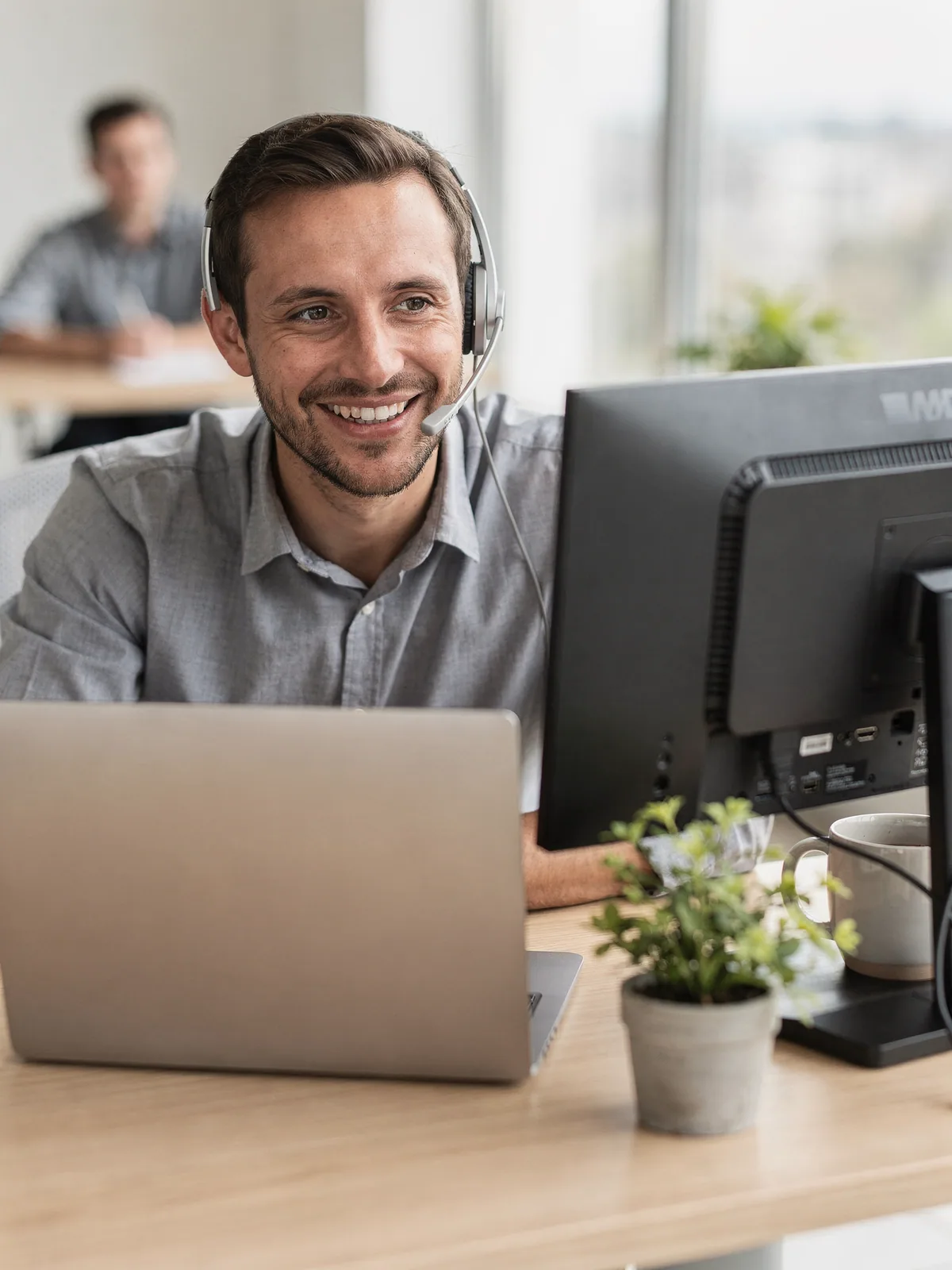 A laptop with a calm status panel and a headset